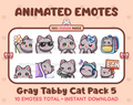 Gray Tabby Cat animated Twitch emote pack featuring 10 emotes including flower, cool, plead, and lurk.