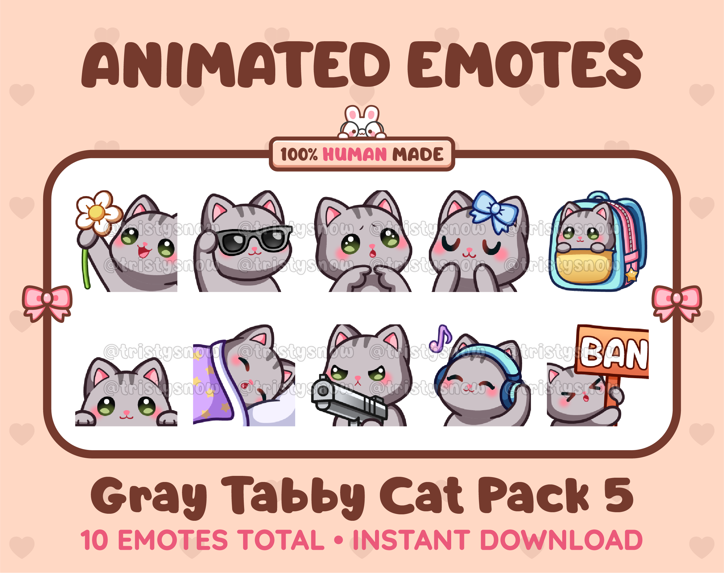Gray Tabby Cat animated Twitch emote pack featuring 10 emotes including flower, cool, plead, and lurk.