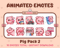 Pig animated Twitch emote pack featuring 10 emotes including kiss, facepalm, shy, and raid.