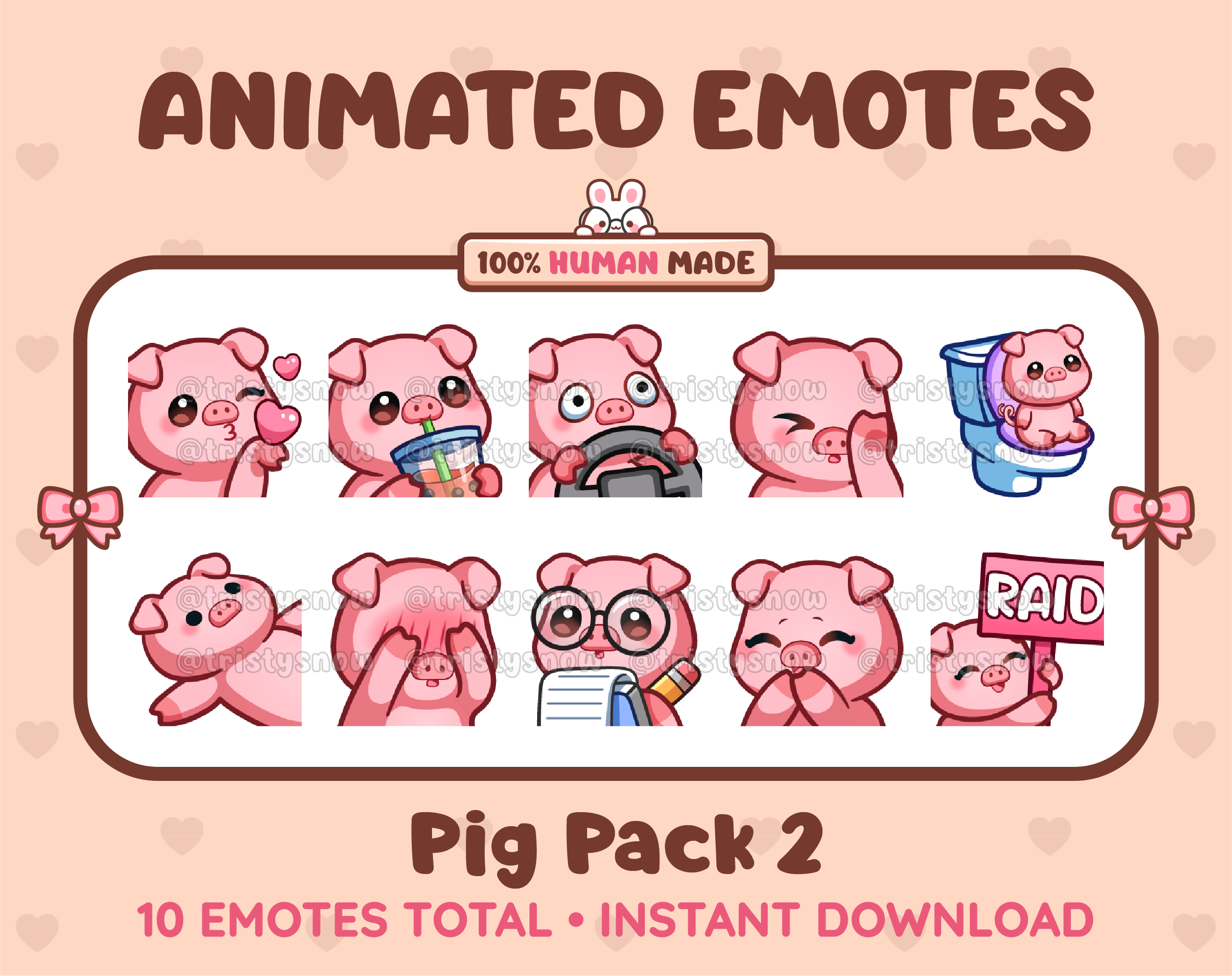 Pig animated Twitch emote pack featuring 10 emotes including kiss, facepalm, shy, and raid.