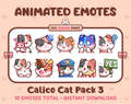 Calico Cat animated Twitch emote pack featuring 10 emotes including hug, scared, bonk, and popcorn.