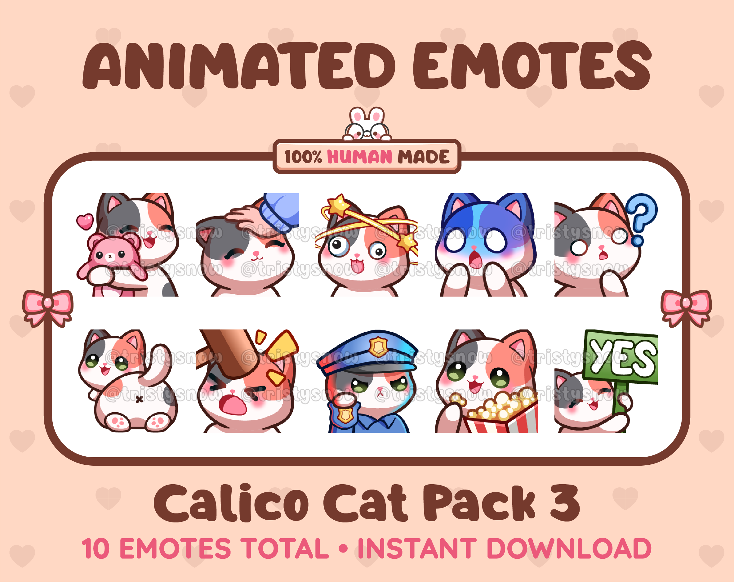 Calico Cat animated Twitch emote pack featuring 10 emotes including hug, scared, bonk, and popcorn.