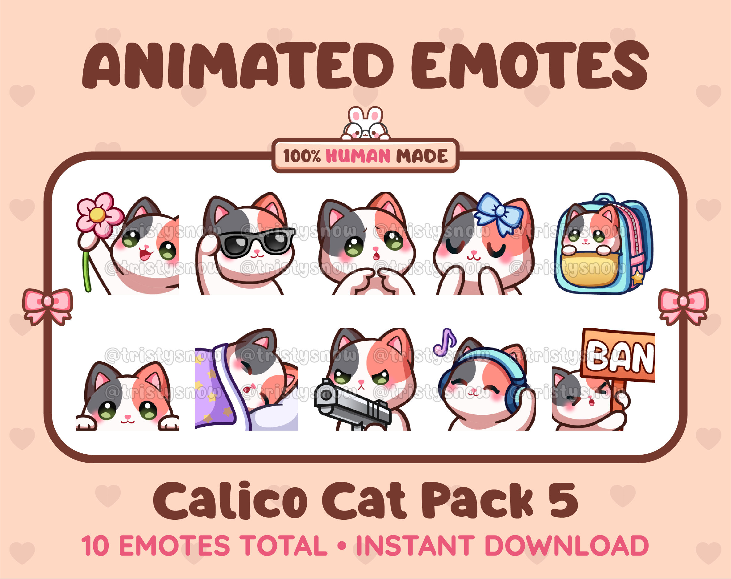 Calico Cat animated Twitch emote pack featuring 10 emotes including flower, cool, plead, and lurk.