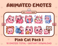 Pink Cat animated Twitch emote pack featuring 10 emotes including GG, angry, cry, and hype.