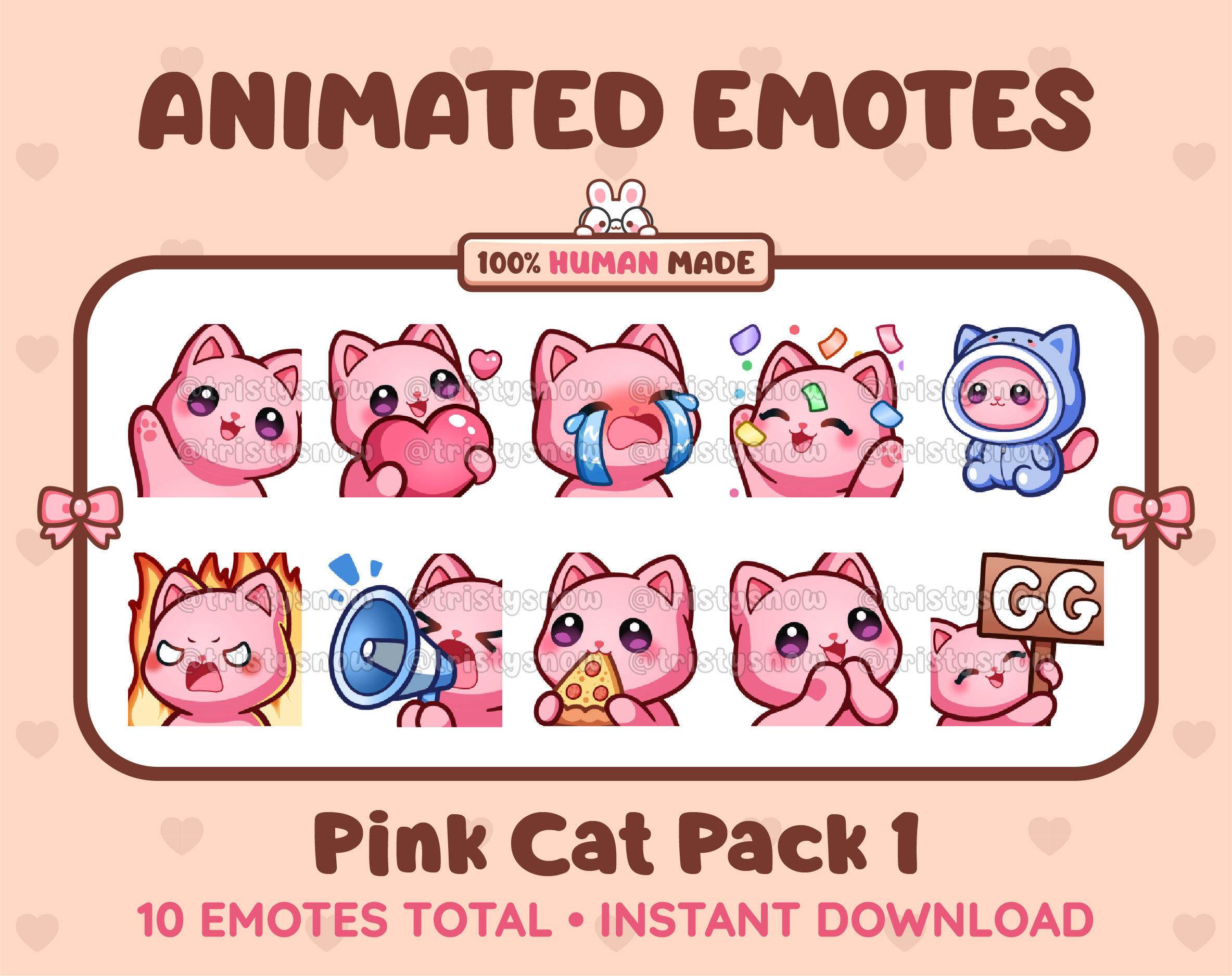 Pink Cat animated Twitch emote pack featuring 10 emotes including GG, angry, cry, and hype.