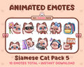 Siamese Cat animated Twitch emote pack featuring 10 emotes including flower, cool, plead, and lurk.