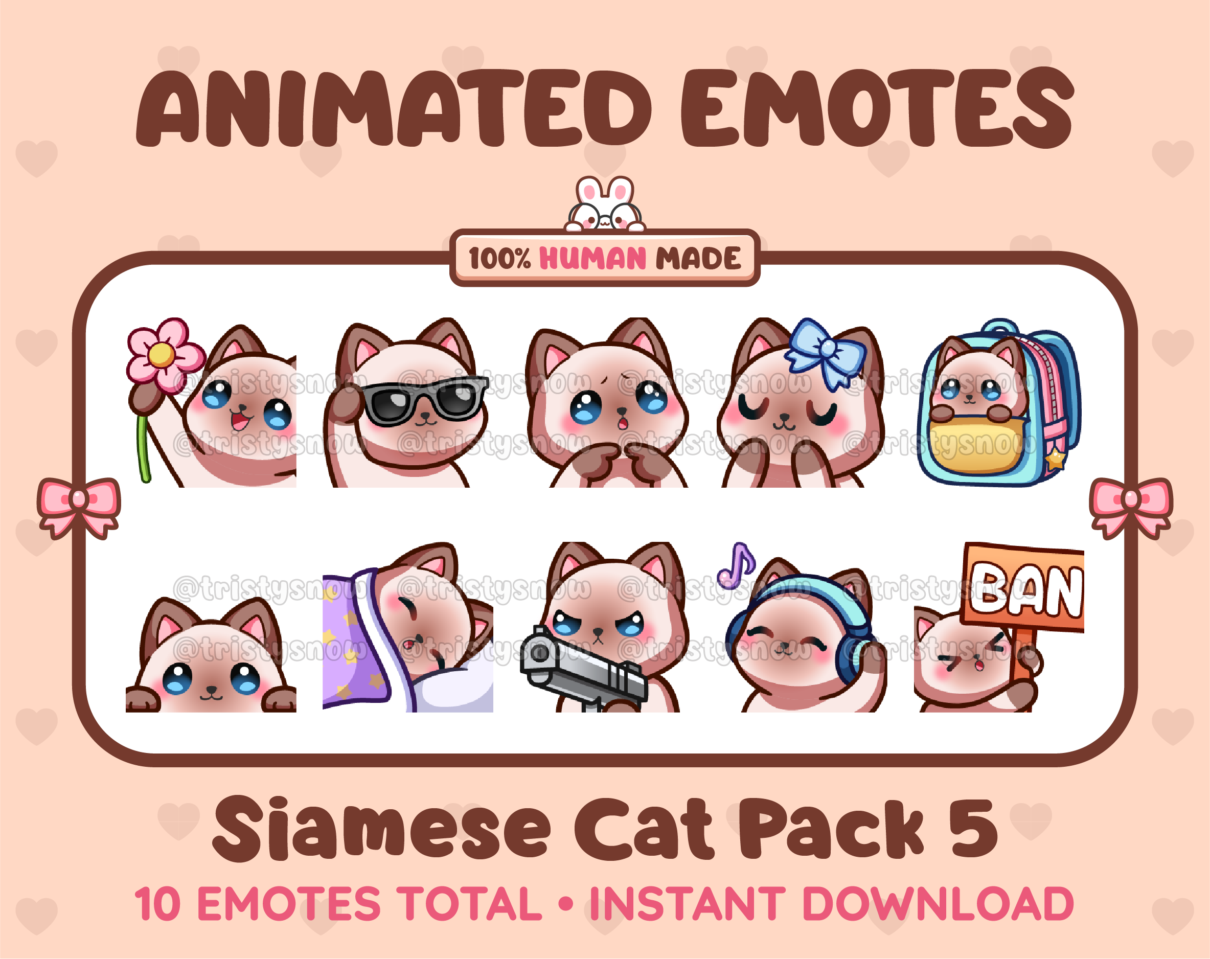 Siamese Cat animated Twitch emote pack featuring 10 emotes including flower, cool, plead, and lurk.