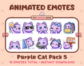 Purple Cat animated Twitch emote pack featuring 10 emotes including flower, cool, plead, and lurk.