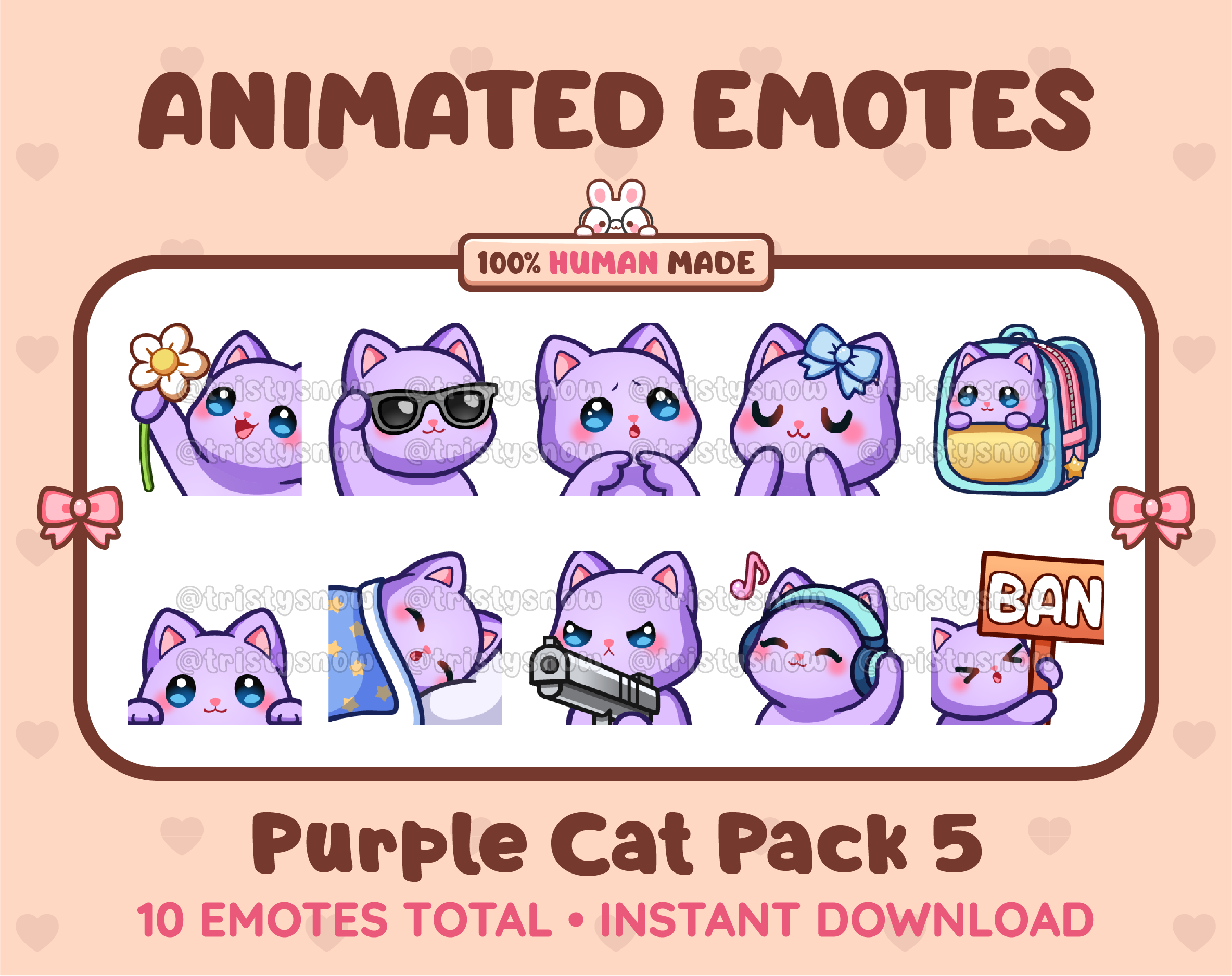 Purple Cat animated Twitch emote pack featuring 10 emotes including flower, cool, plead, and lurk.