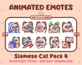 Siamese Cat animated Twitch emote pack featuring 10 emotes including cozy, sus, panic, and shrug.