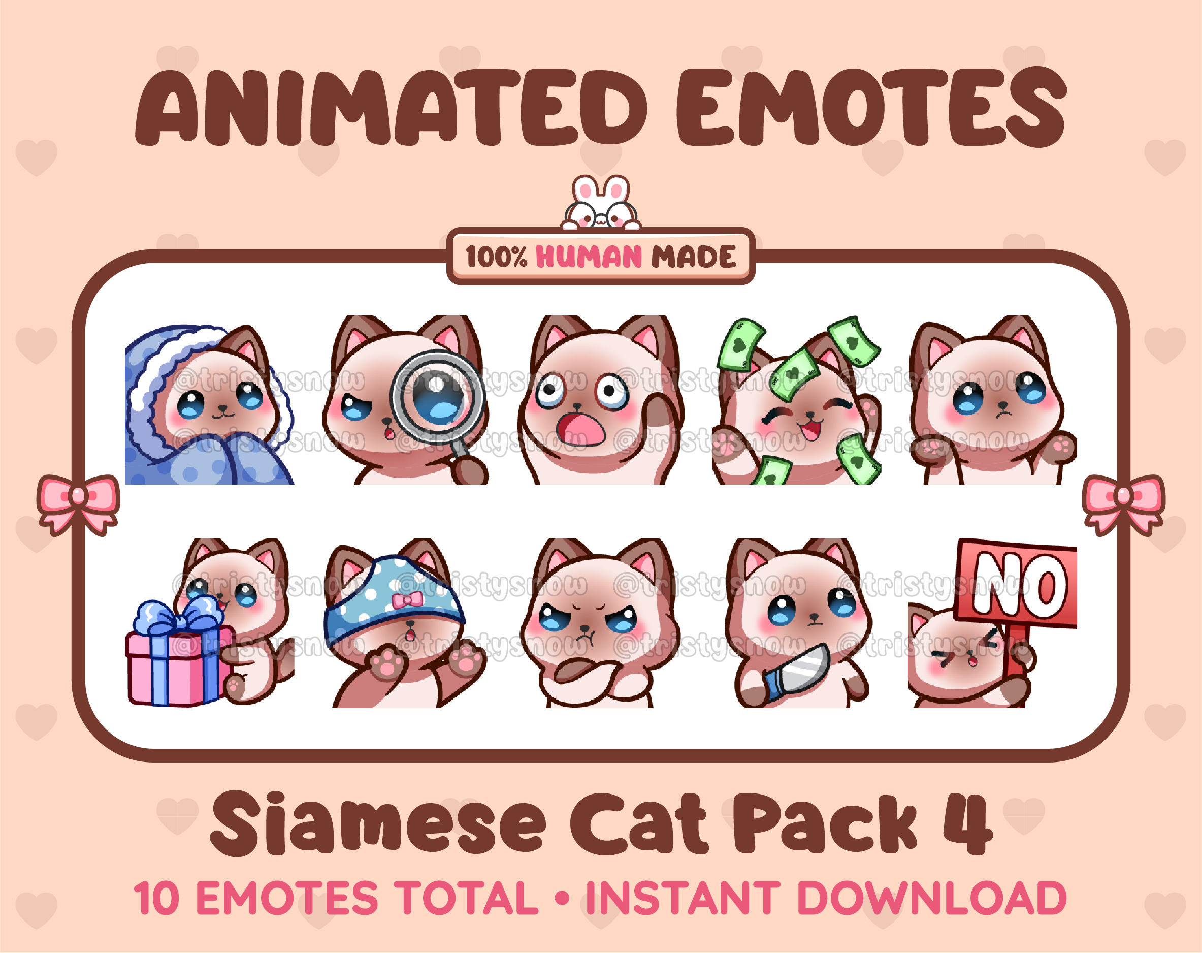 Siamese Cat animated Twitch emote pack featuring 10 emotes including cozy, sus, panic, and shrug.