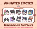 Black & White Cat animated Twitch emote pack featuring 10 emotes including flower, cool, plead, and lurk.
