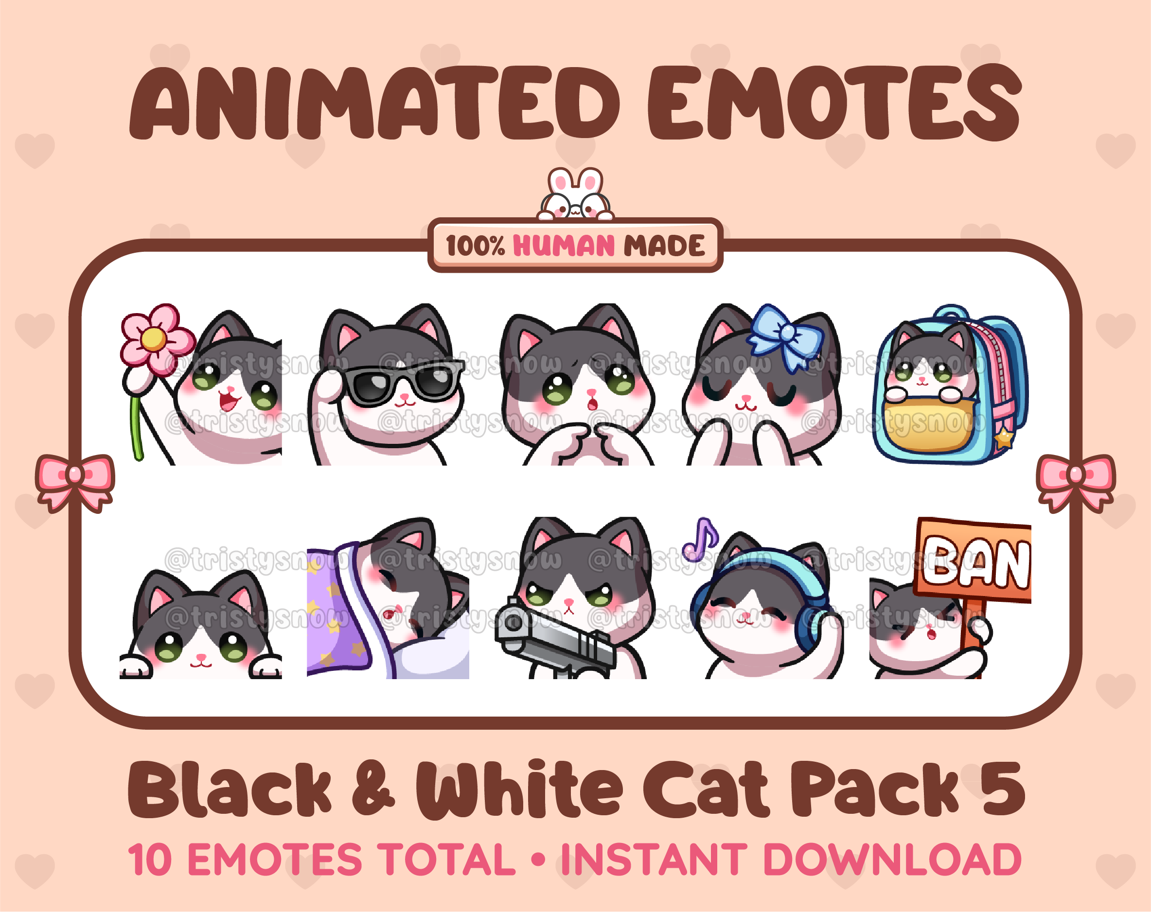 Black & White Cat animated Twitch emote pack featuring 10 emotes including flower, cool, plead, and lurk.