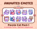 Purple Cat animated Twitch emote pack featuring 10 emotes including GG, angry, cry, and hype.