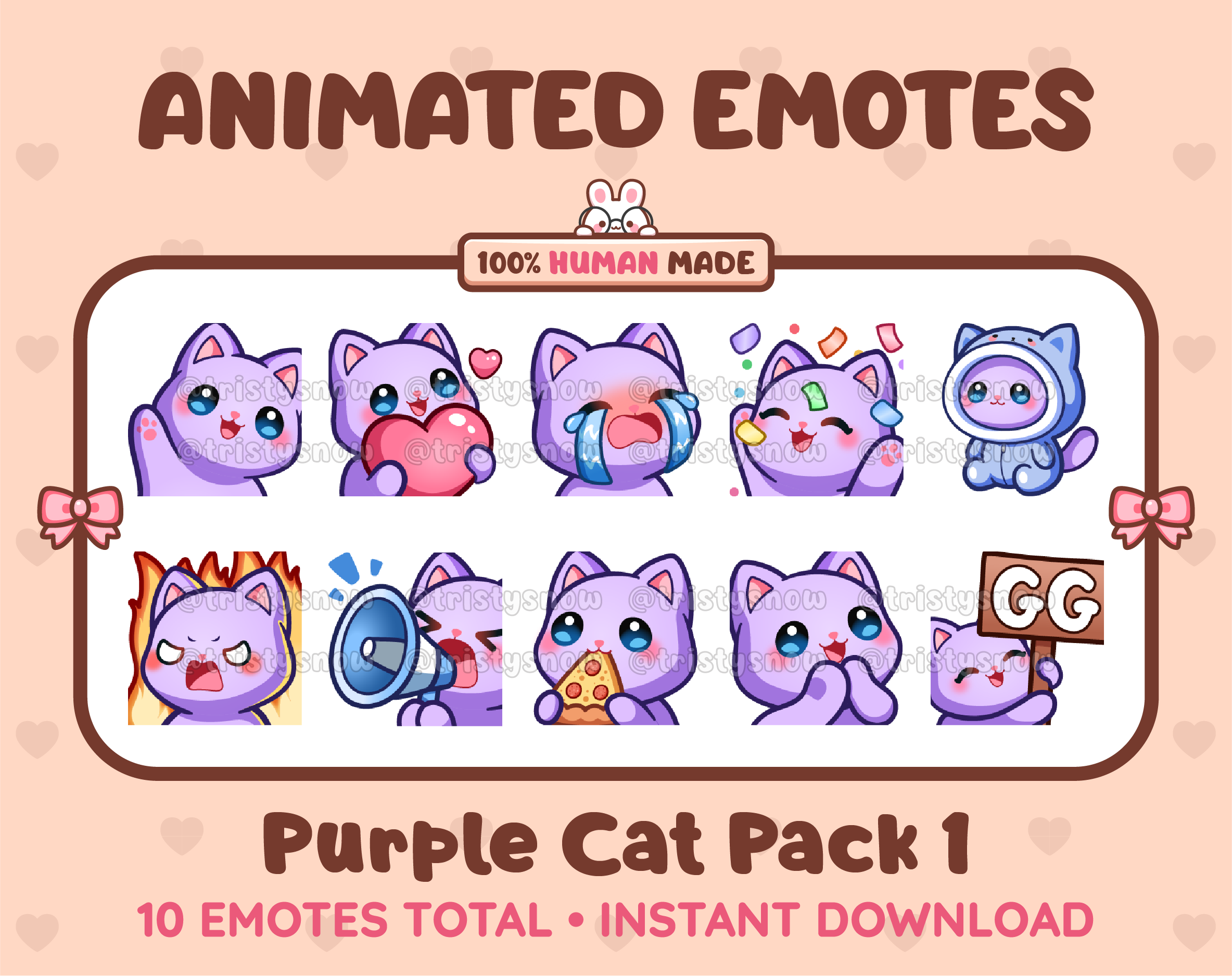 Purple Cat animated Twitch emote pack featuring 10 emotes including GG, angry, cry, and hype.