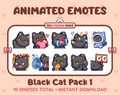 Black Cat animated Twitch emote pack featuring 10 emotes including GG, angry, cry, and hype.