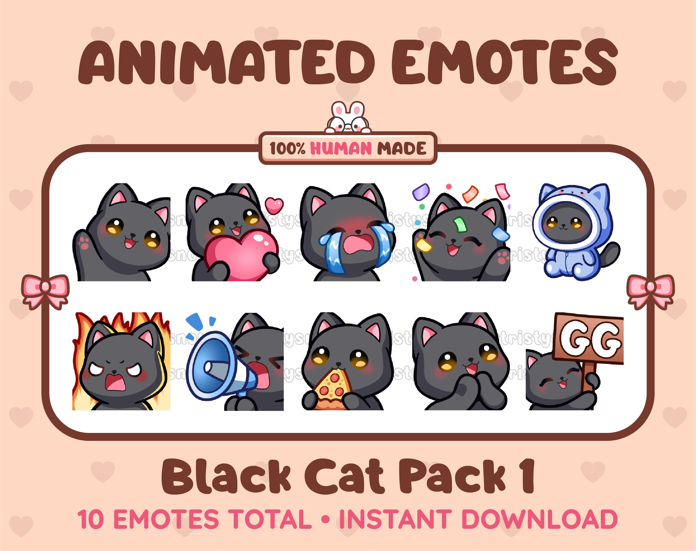 Black Cat animated Twitch emote pack featuring 10 emotes including GG, angry, cry, and hype.