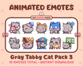 Gray Tabby Cat animated Twitch emote pack featuring 10 emotes including hug, scared, bonk, and popcorn.