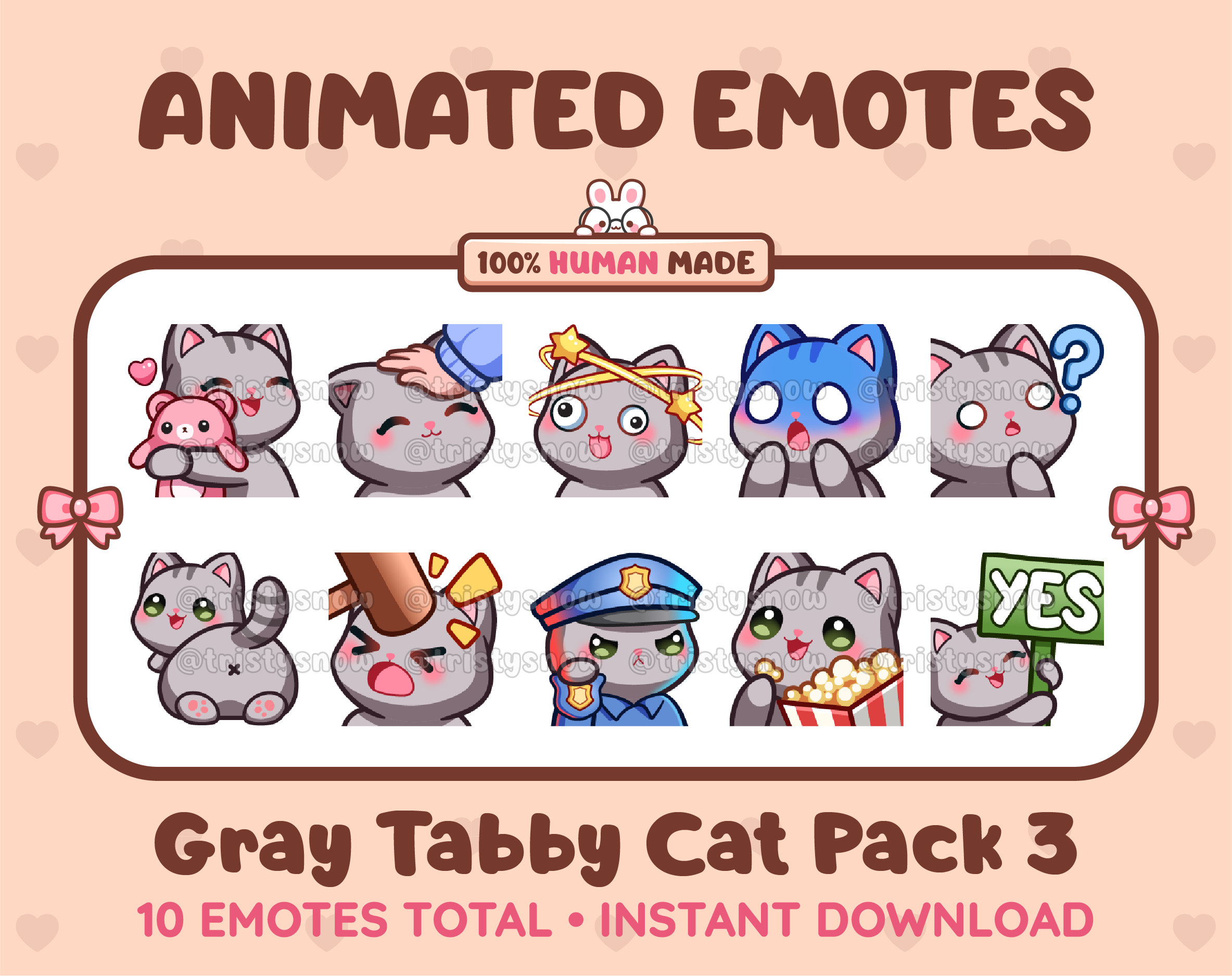 Gray Tabby Cat animated Twitch emote pack featuring 10 emotes including hug, scared, bonk, and popcorn.
