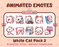 White Cat animated Twitch emote pack featuring 10 emotes including kiss, facepalm, shy, and raid.