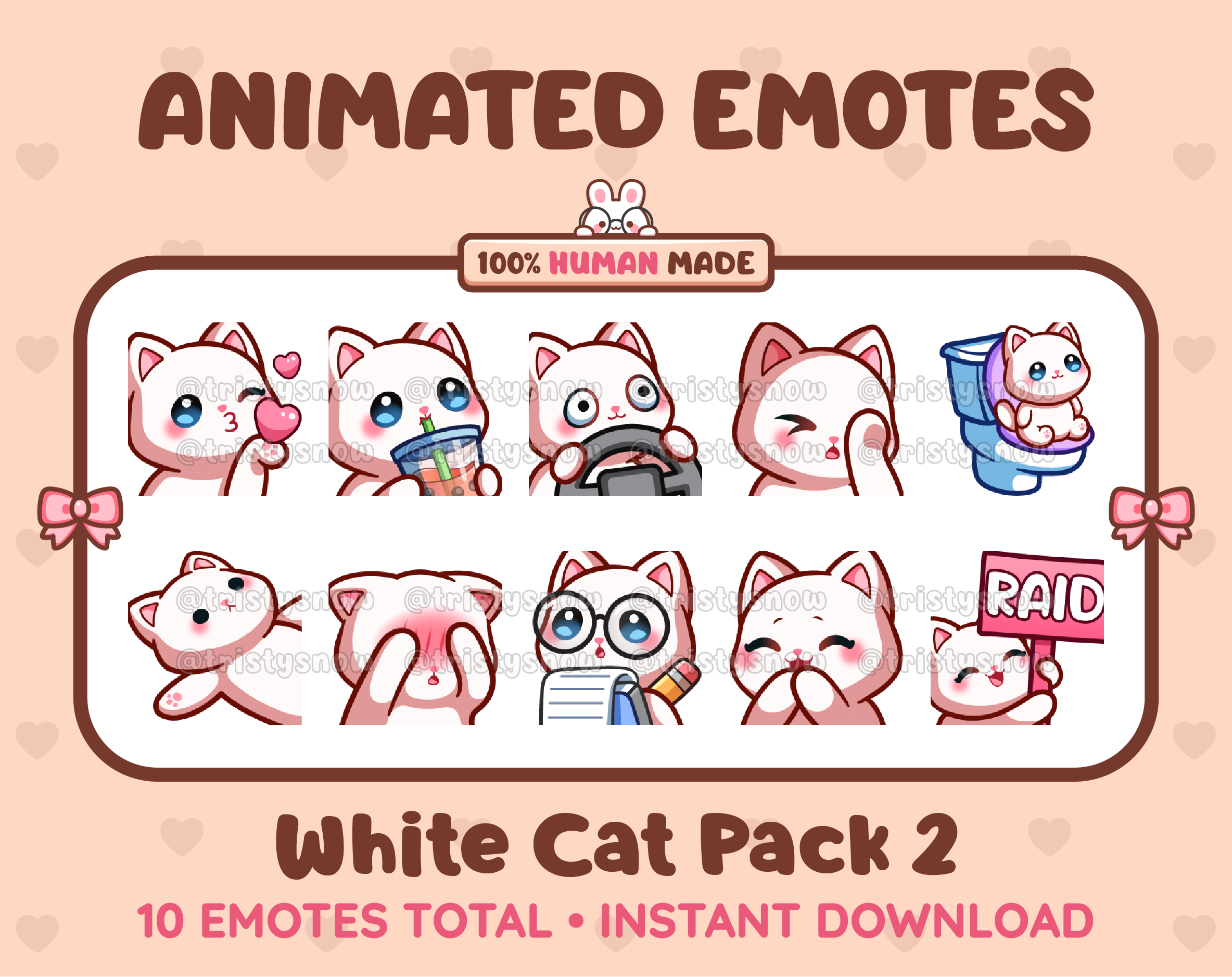 White Cat animated Twitch emote pack featuring 10 emotes including kiss, facepalm, shy, and raid.