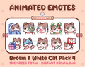 Brown & White Cat animated Twitch emote pack featuring 10 emotes including cozy, sus, panic, and shrug.