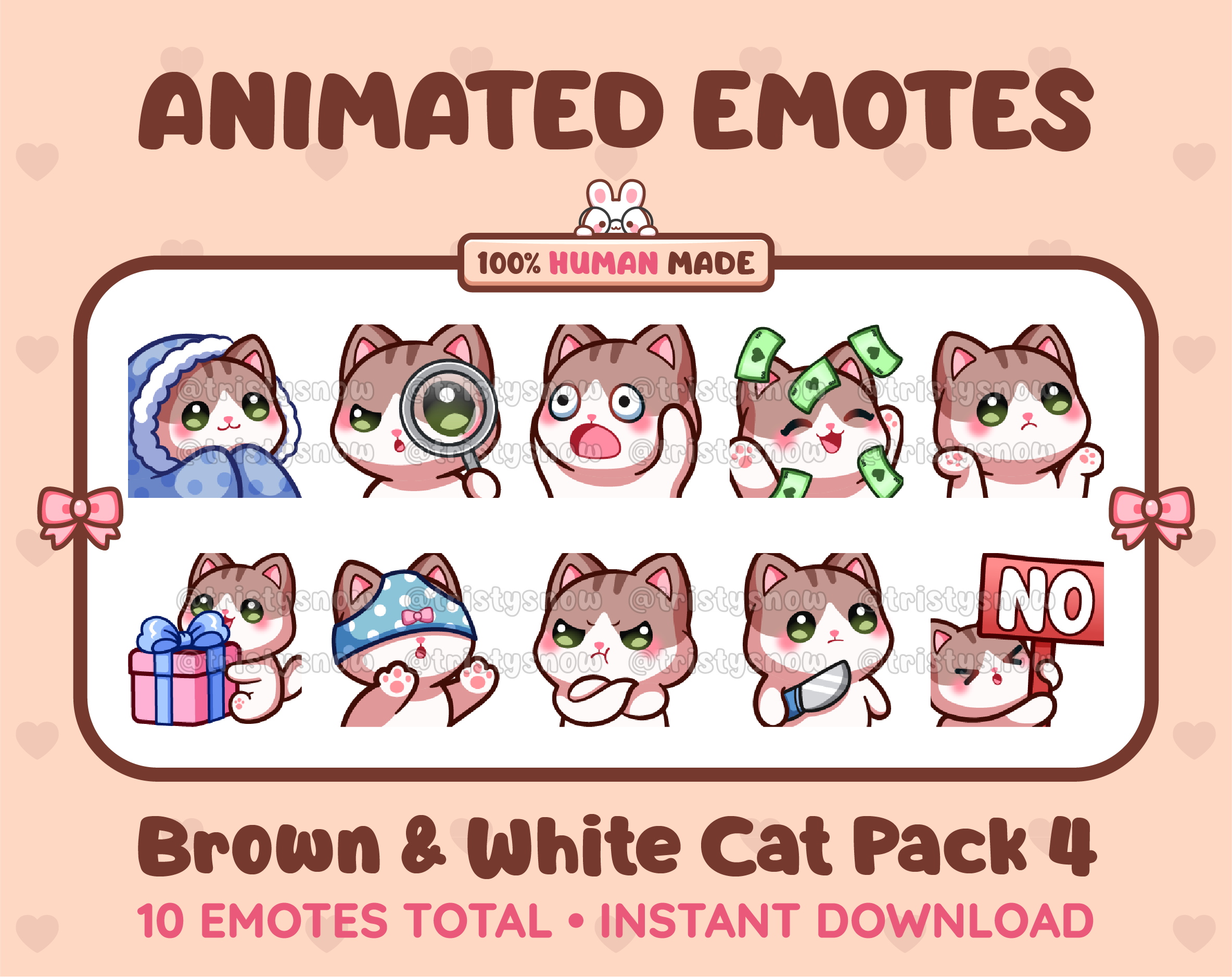 Brown & White Cat animated Twitch emote pack featuring 10 emotes including cozy, sus, panic, and shrug.