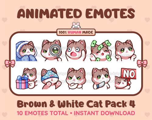 Brown & White Cat animated Twitch emote pack featuring 10 emotes including cozy, sus, panic, and shrug.