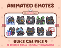 Black Cat animated Twitch emote pack featuring 10 emotes including cozy, sus, panic, and shrug.