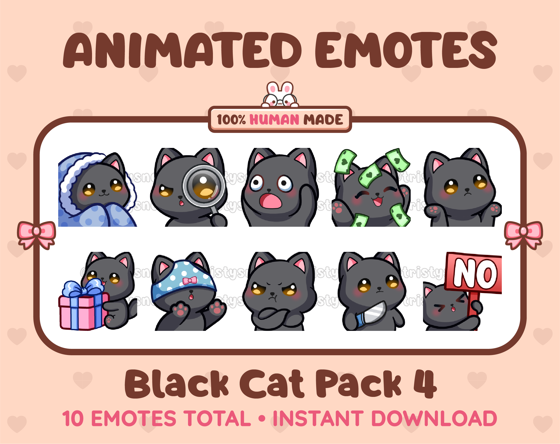 Black Cat animated Twitch emote pack featuring 10 emotes including cozy, sus, panic, and shrug.