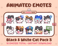 Black & White Cat animated Twitch emote pack featuring 10 emotes including hug, scared, bonk, and popcorn.