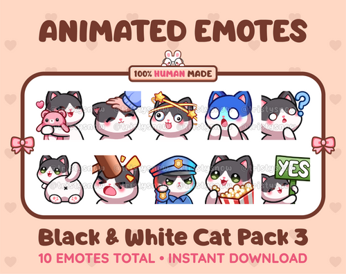 Black & White Cat animated Twitch emote pack featuring 10 emotes including hug, scared, bonk, and popcorn.