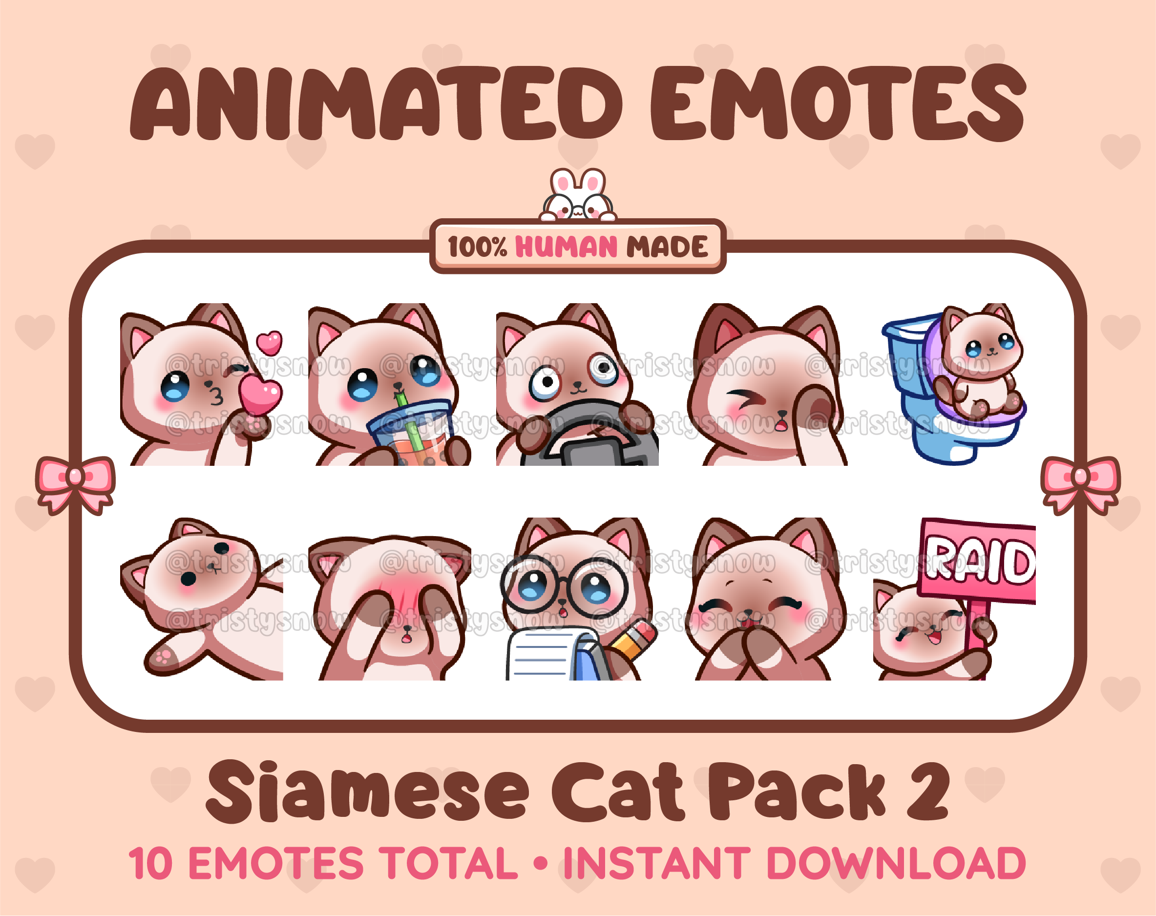 Siamese Cat animated Twitch emote pack featuring 10 emotes including kiss, facepalm, shy, and raid.