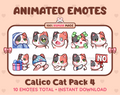 Calico Cat animated Twitch emote pack featuring 10 emotes including cozy, sus, panic, and shrug.