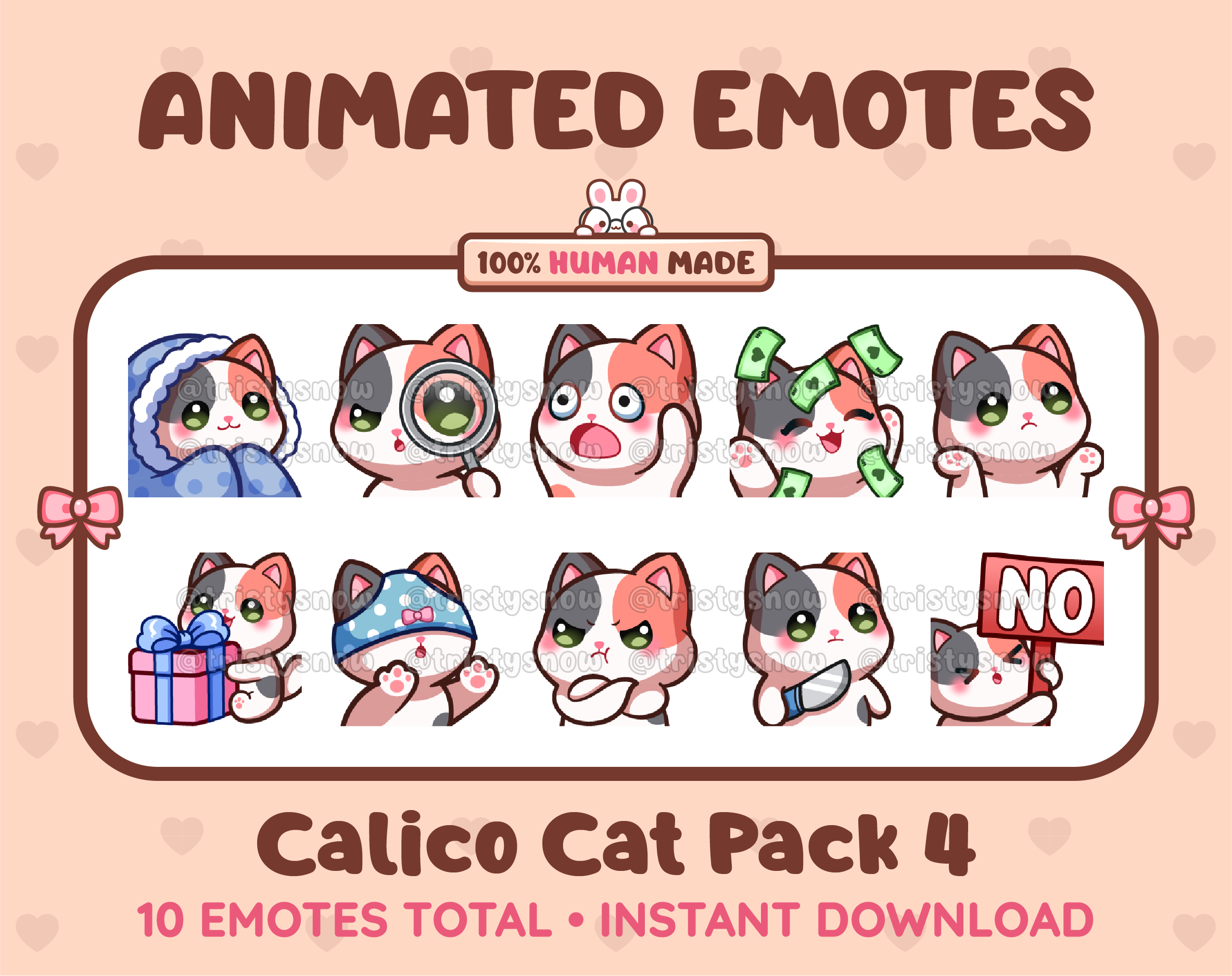 Calico Cat animated Twitch emote pack featuring 10 emotes including cozy, sus, panic, and shrug.