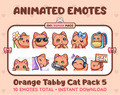 Orange Tabby Cat animated Twitch emote pack featuring 10 emotes including flower, cool, plead, and lurk.