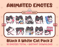 Black & White Cat animated Twitch emote pack featuring 10 emotes including kiss, facepalm, shy, and raid.