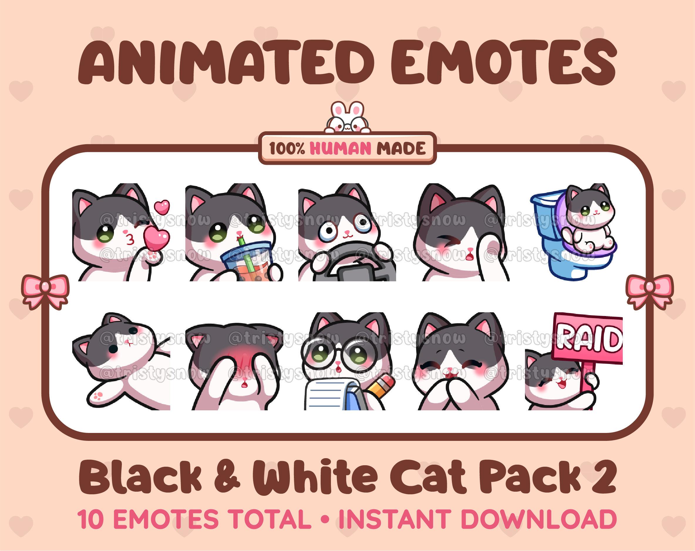 Black & White Cat animated Twitch emote pack featuring 10 emotes including kiss, facepalm, shy, and raid.