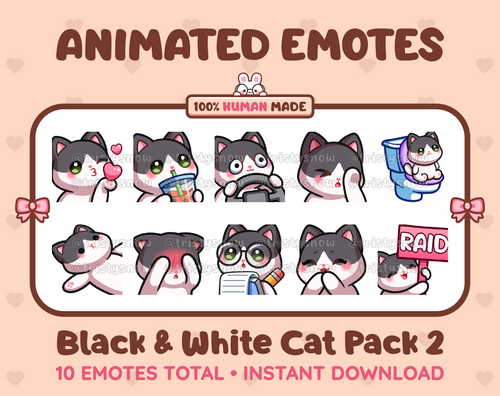 Black & White Cat animated Twitch emote pack featuring 10 emotes including kiss, facepalm, shy, and raid.
