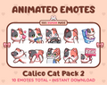 Calico Cat animated Twitch emote pack featuring 10 emotes including kiss, facepalm, shy, and raid.