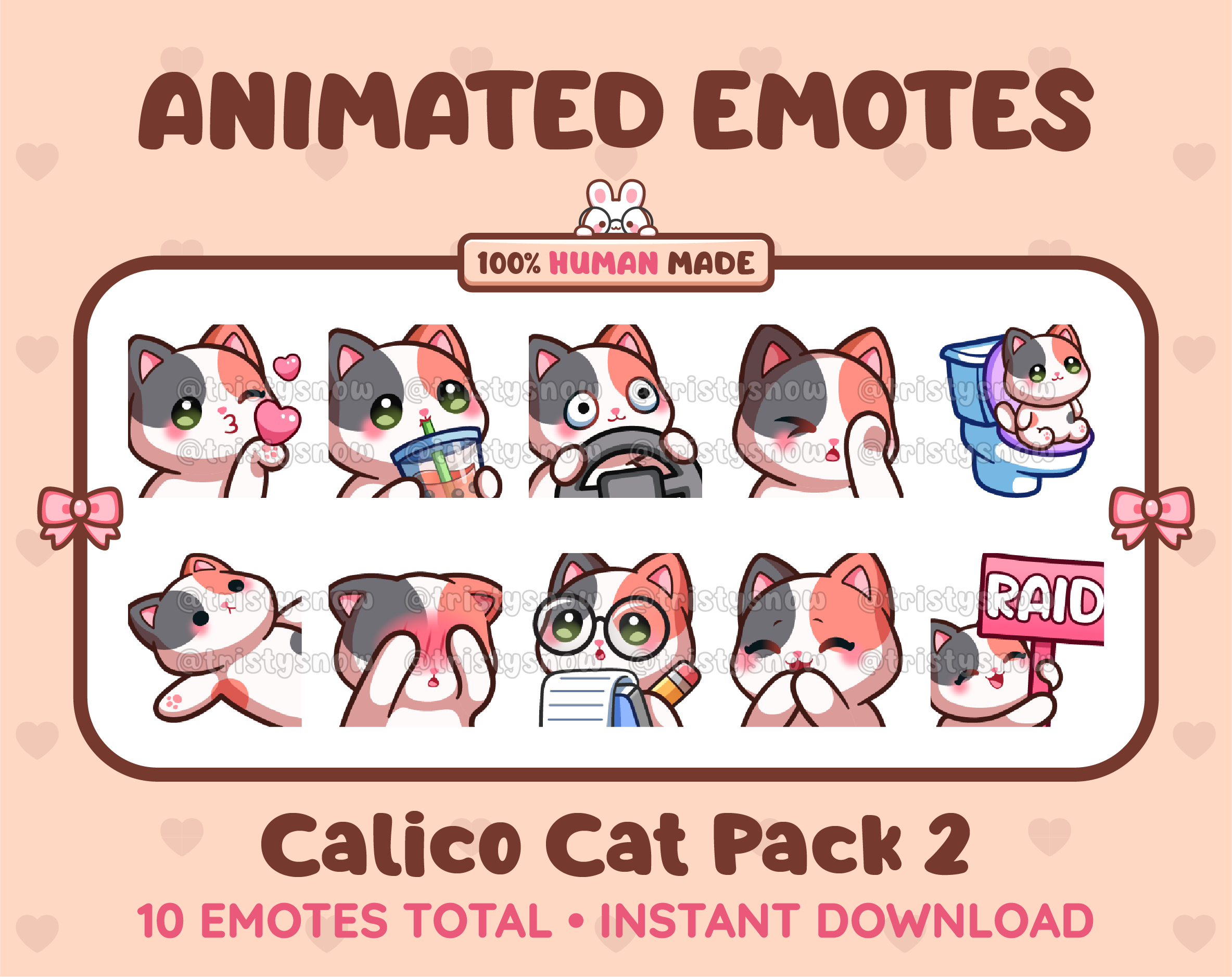 Calico Cat animated Twitch emote pack featuring 10 emotes including kiss, facepalm, shy, and raid.