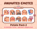 Potato animated Twitch emote pack featuring 10 emotes including kiss, facepalm, shy, and raid.