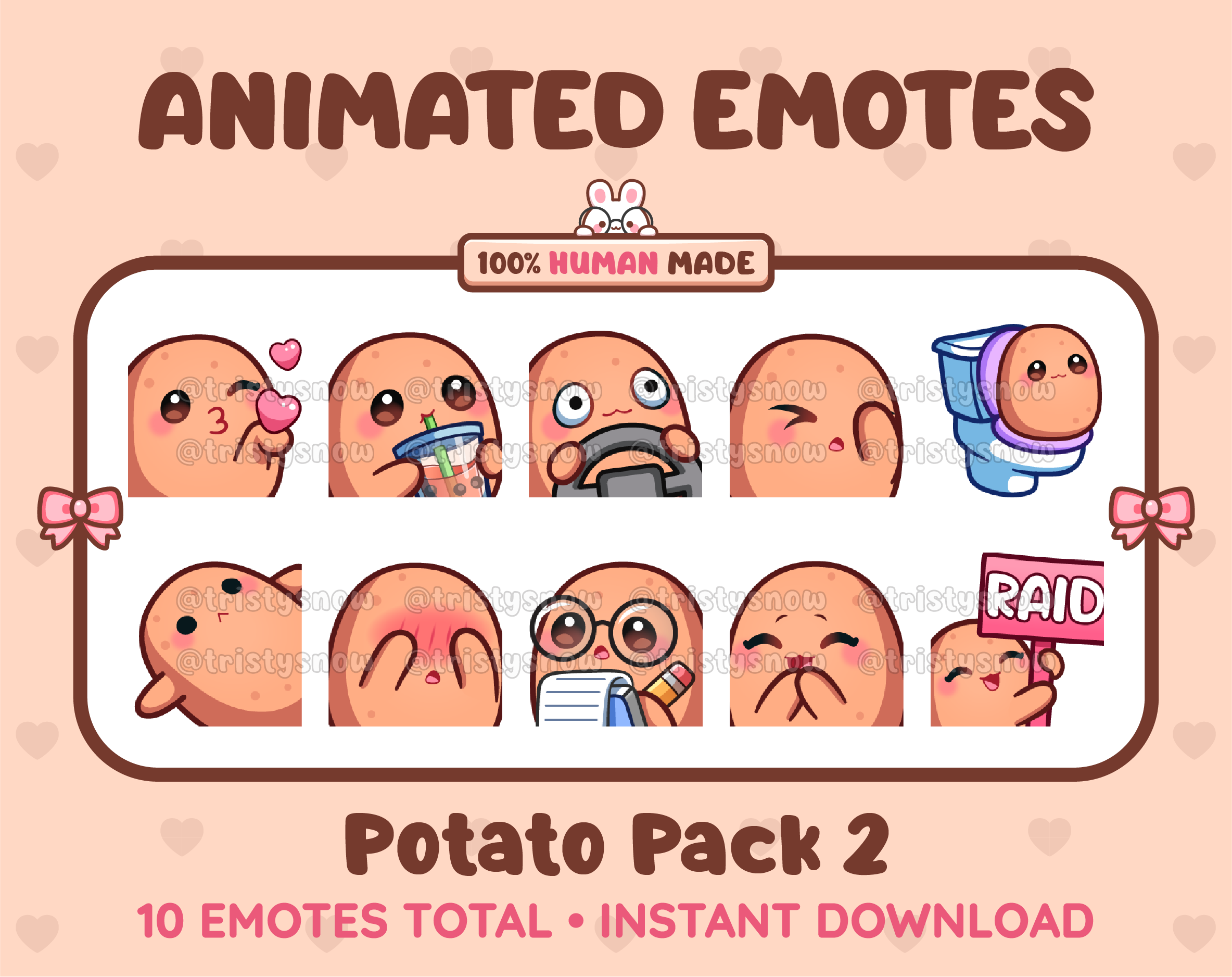 Potato animated Twitch emote pack featuring 10 emotes including kiss, facepalm, shy, and raid.