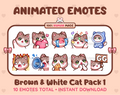 Brown & White Cat animated Twitch emote pack featuring 10 emotes including GG, angry, cry, and hype.
