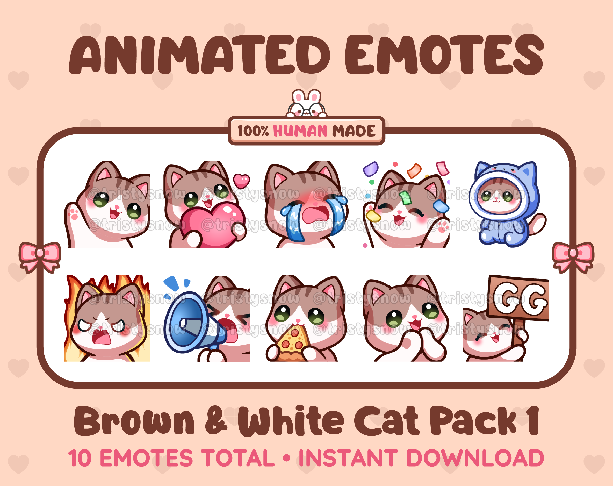 Brown & White Cat animated Twitch emote pack featuring 10 emotes including GG, angry, cry, and hype.