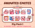 Pig animated Twitch emote pack featuring 10 emotes including GG, angry, cry, and hype.