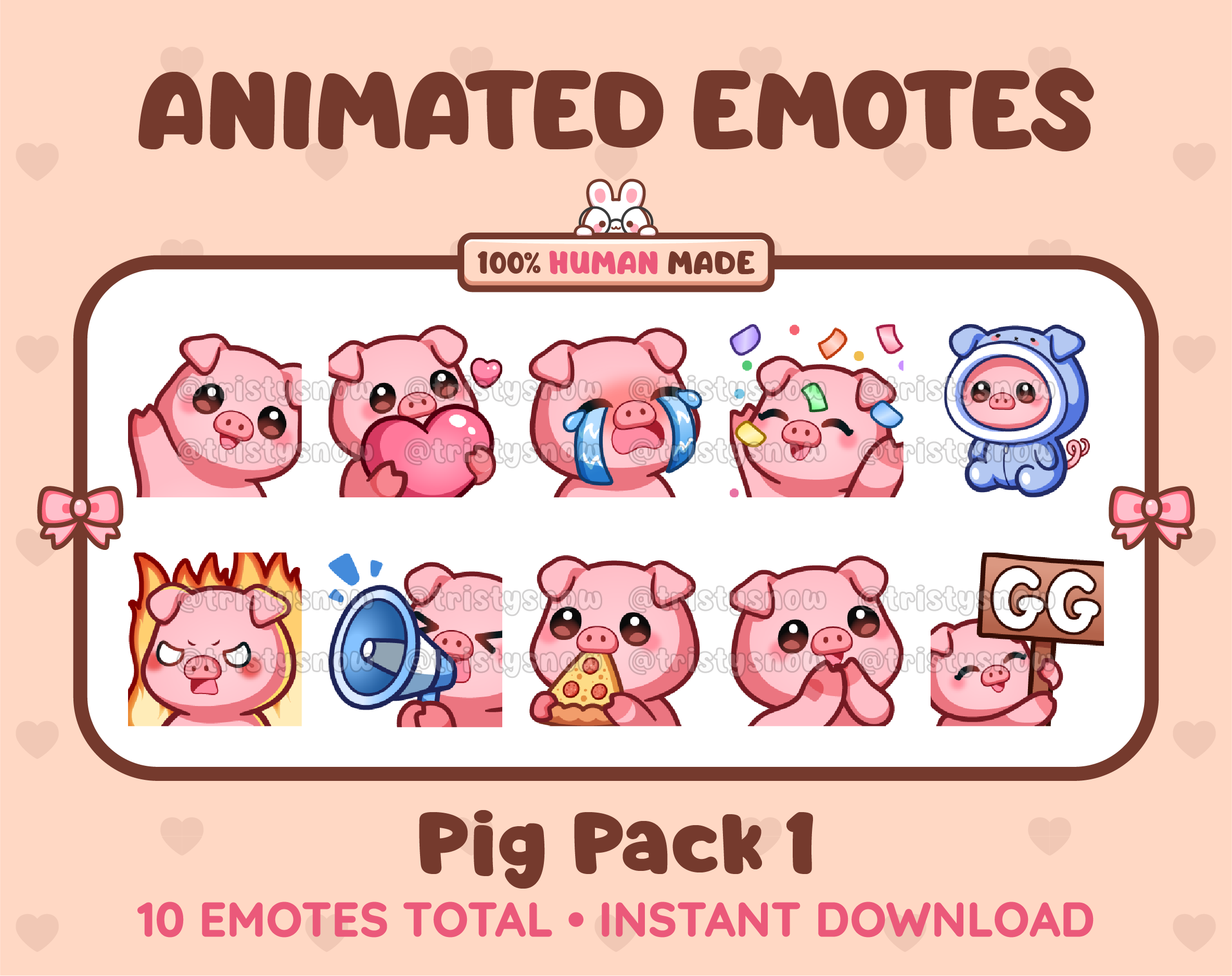 Pig animated Twitch emote pack featuring 10 emotes including GG, angry, cry, and hype.