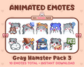 Gray Hamster animated Twitch emote pack featuring 10 emotes including hug, scared, bonk, and popcorn.