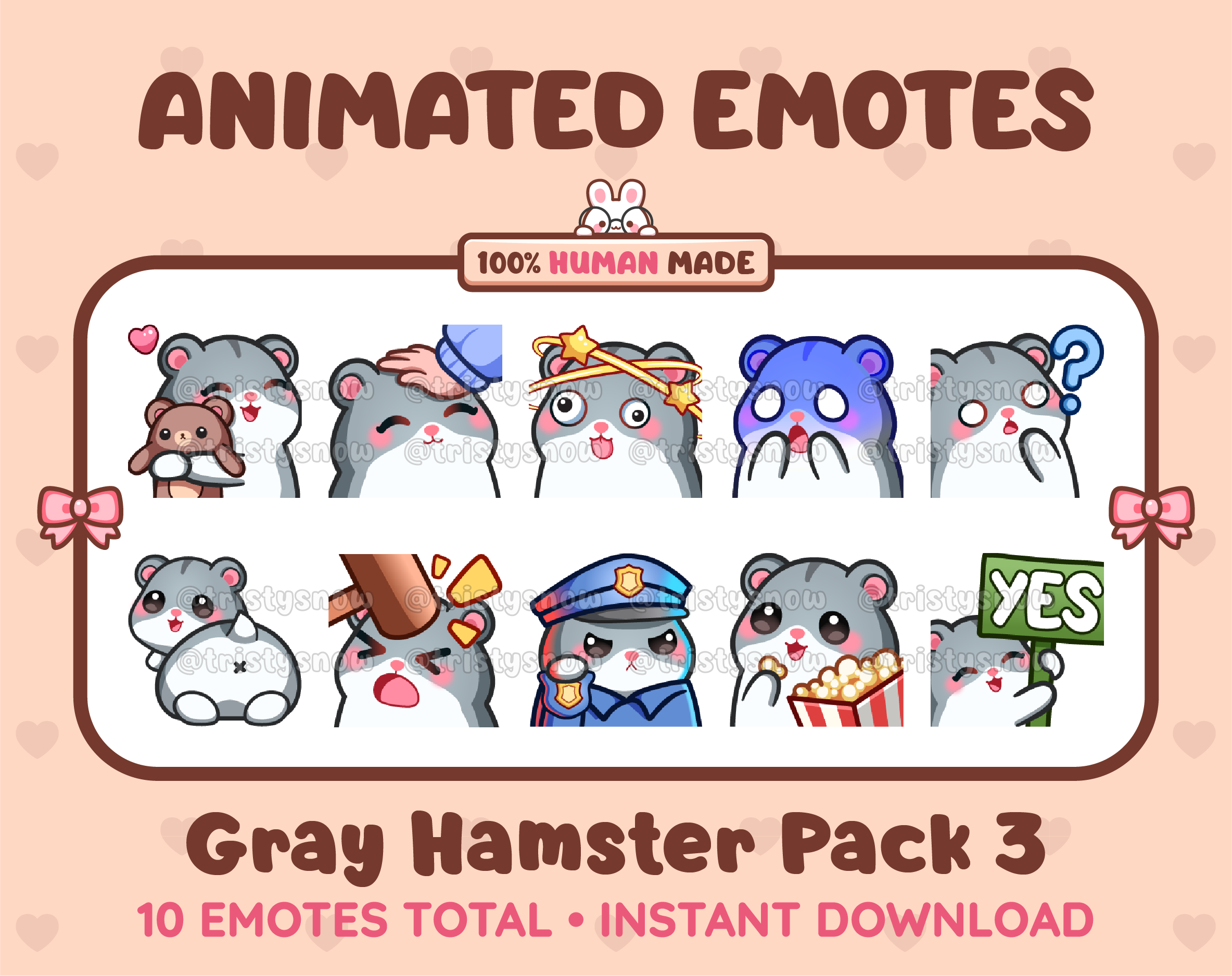 Gray Hamster animated Twitch emote pack featuring 10 emotes including hug, scared, bonk, and popcorn.