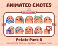 Potato animated Twitch emote pack featuring 10 emotes including cozy, sus, panic, and shrug.